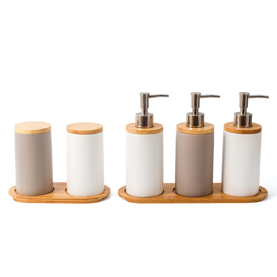 定制陶瓷卫浴洗漱套装带竹木托盘酒店浴室收纳按压瓶漱口杯五件套产品图