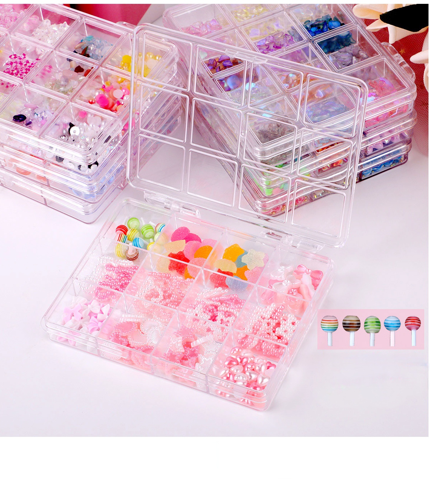 跨境爆款美甲树脂饰品百搭飘带领结蝴蝶结珍珠12格混装美甲配饰详情6