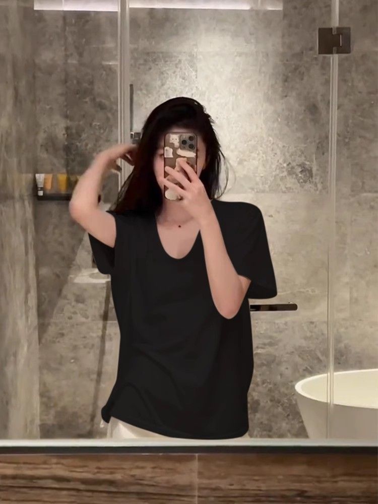 韩版宽松慵懒短袖白色t恤女大U领打底衫夏季薄款显瘦纯色百搭上衣详情8