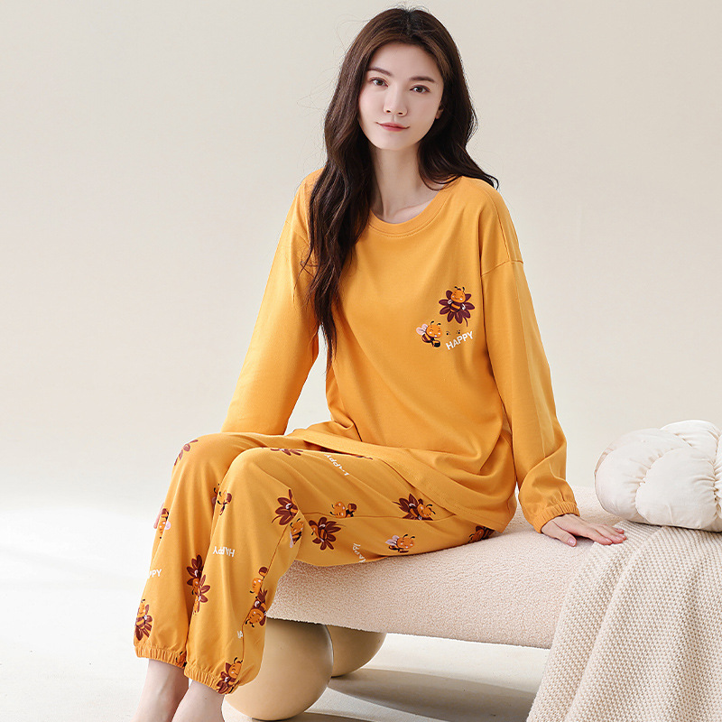 新款春秋冬季长袖长裤宽松套装100%纯棉女士睡衣空调房家居服薄款