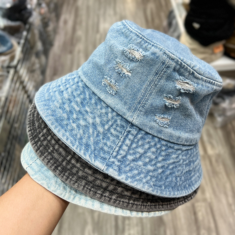 Denim fisherman hat for women, all-season ripped dark washed distressed basin hat, sun protection and shade, natural face hat, versatile, casual and trendy