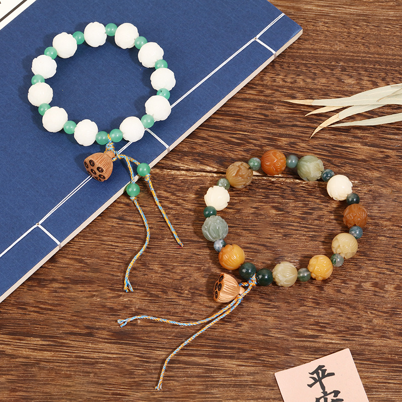 National Trend White Jade Lotus Bodhi Good Luck Continuous Bracelet, ancient-style cultural and creative design, multi-pearl Money Flower Single circle bracelet details Picture