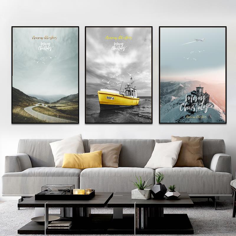 Living room decorative painting, sofa background wall, non-perforated hanging painting, mural, modern and simple landscape painting, sunrise over the sea Application Scenario
