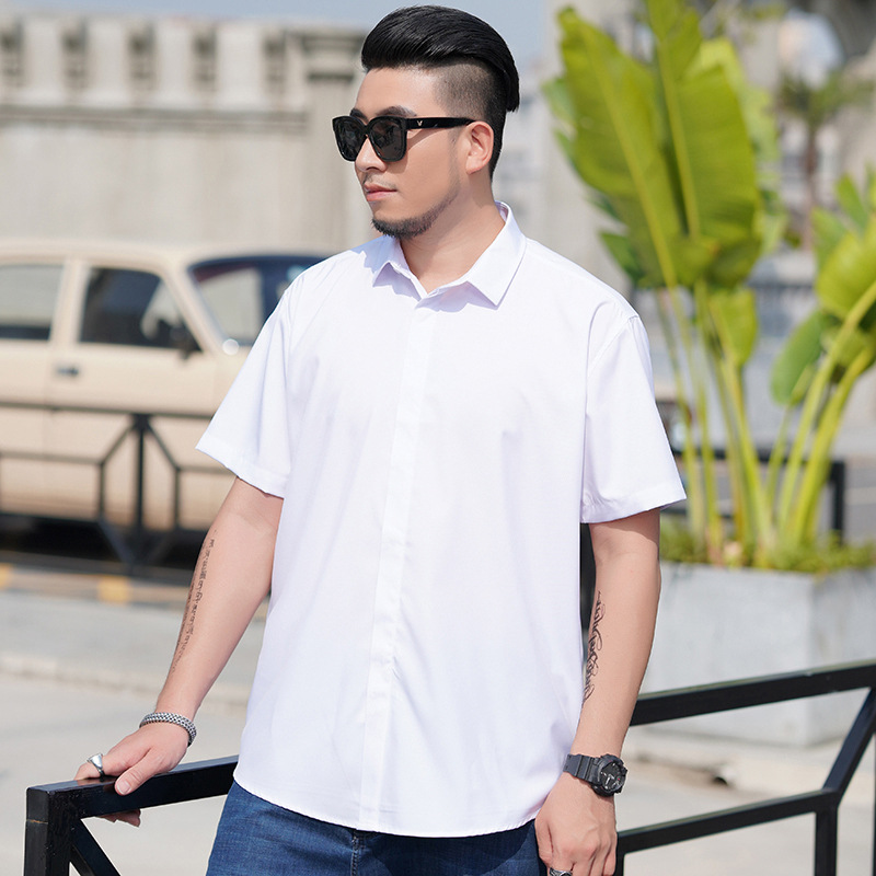 宽松大码男士短袖衬衫肥佬夏季商务休闲薄款纯色衬衣胖哥加肥寸衫