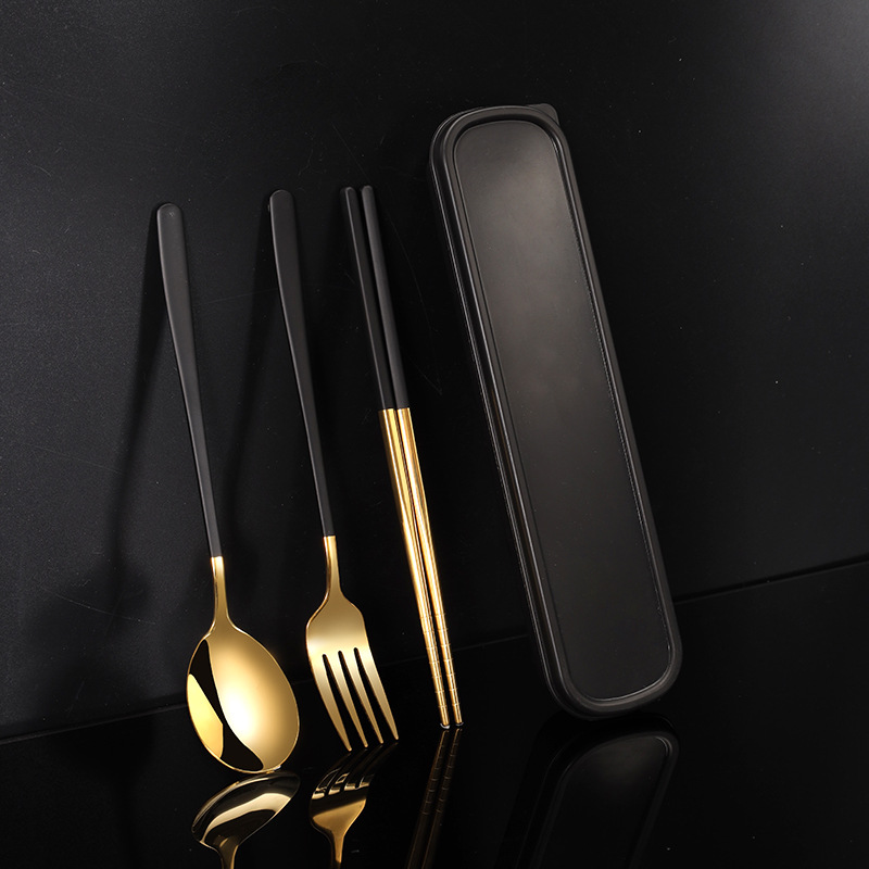 Stainless Steel Portable Tableware Fork Spoon Chopsticks Set Korean Style Three-Piece Outdoor Gift Student Tableware Set details Picture