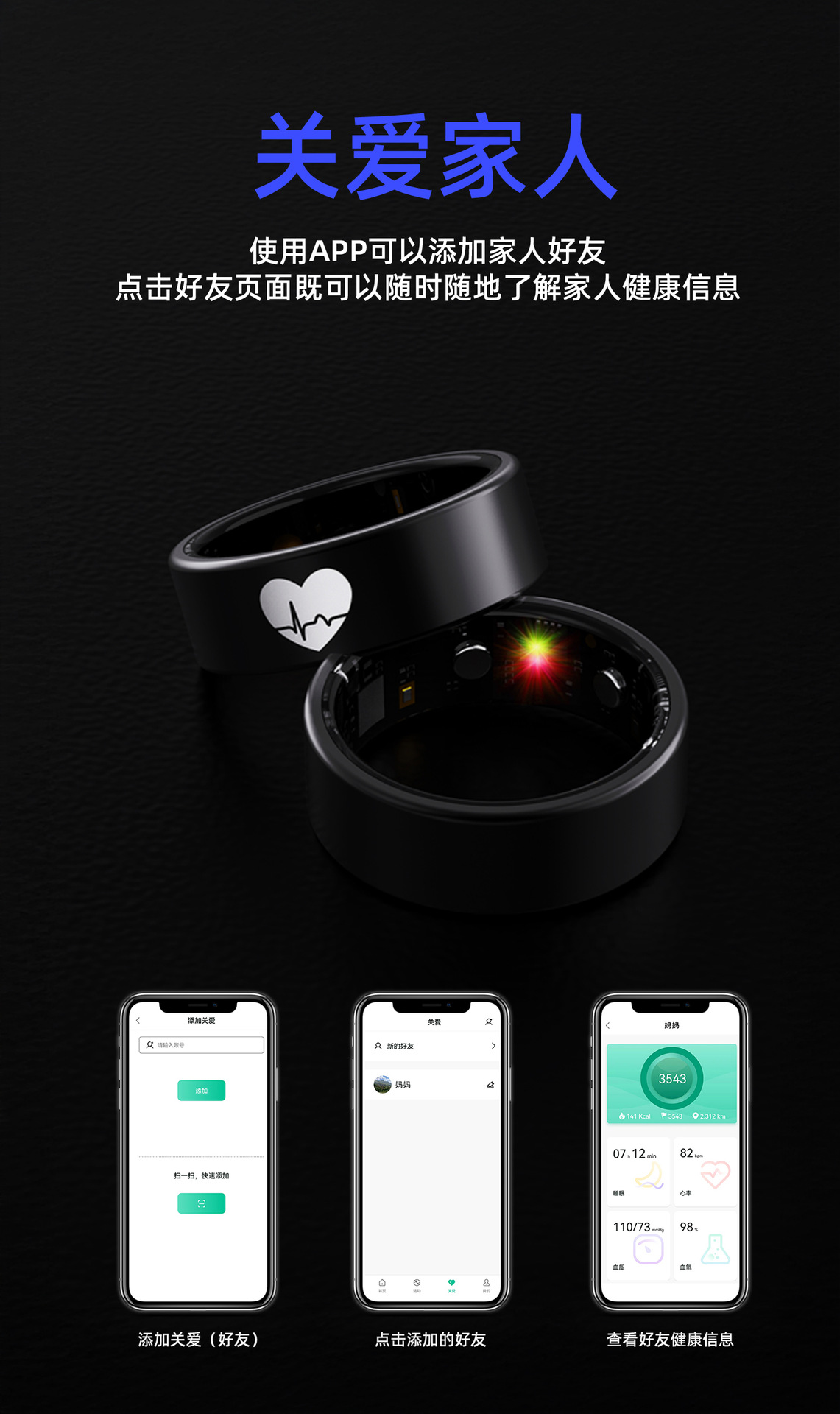 ECG smart ring automatically monitors heart rate, blood oxygen, blood pressure, blood sugar, body temperature, sleep and exercise, and provides remote care pic 7