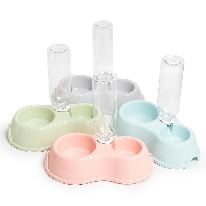 Plastic double-bowl cat and dog food bowl and water dispenser, pet plastic bowl with water bottle set, complete two-in-one, factory direct supply details Picture