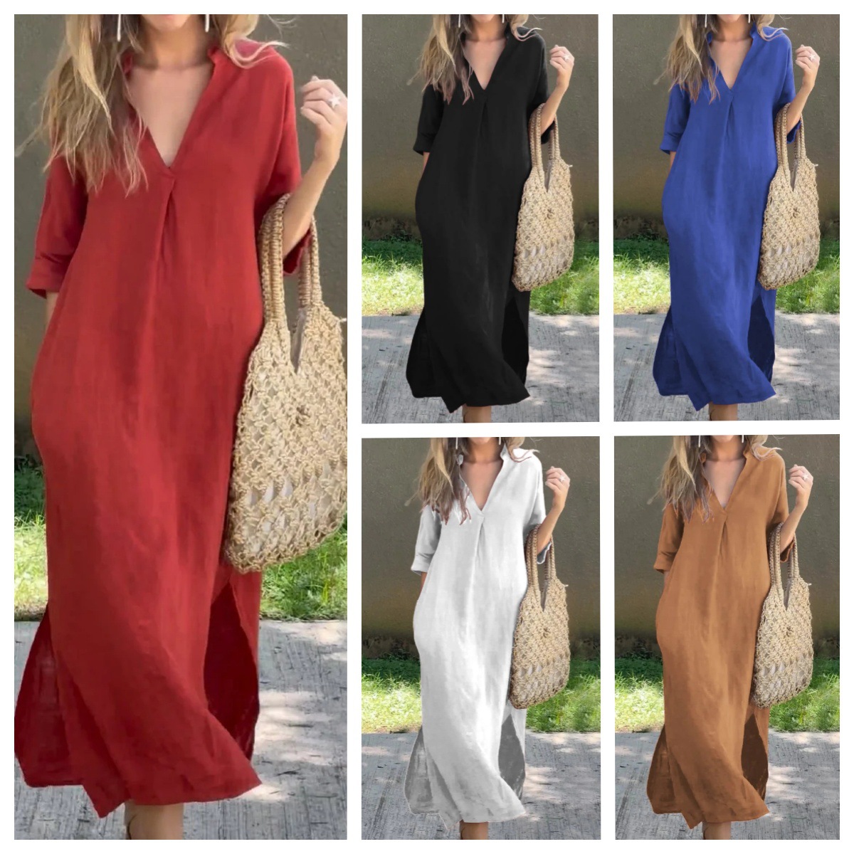 A summer bestseller for cross-border cotton and linen women on Amazon's independent website, featuring side slits, V-neck, 7-quarter sleeves, and chest pleats. This dress exudes a curvaceous charm full figure