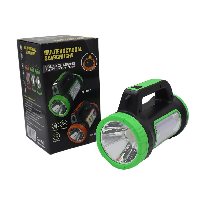 New cross-border solar LED high-intensity portable light with side light, USB charging, outdoor searchlight, night fishing emergency flashlight Item Picture
