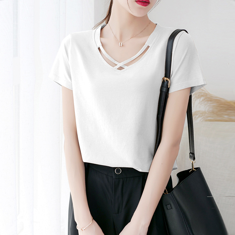 V领短袖T恤女2022夏季新款小心机韩版交叉领纯色打底衫 一件代发