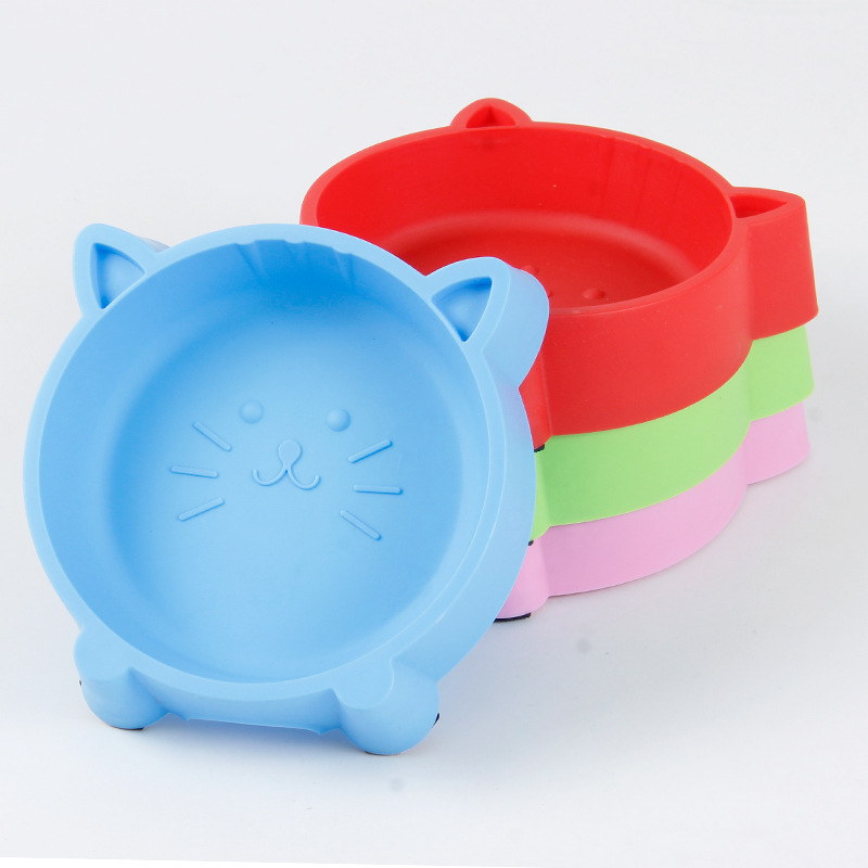 Pet bowl Environmentally friendly plastic non-slip cat face bowl Candy color four colors optional anti-upset cartoon pet feeding bowl full figure