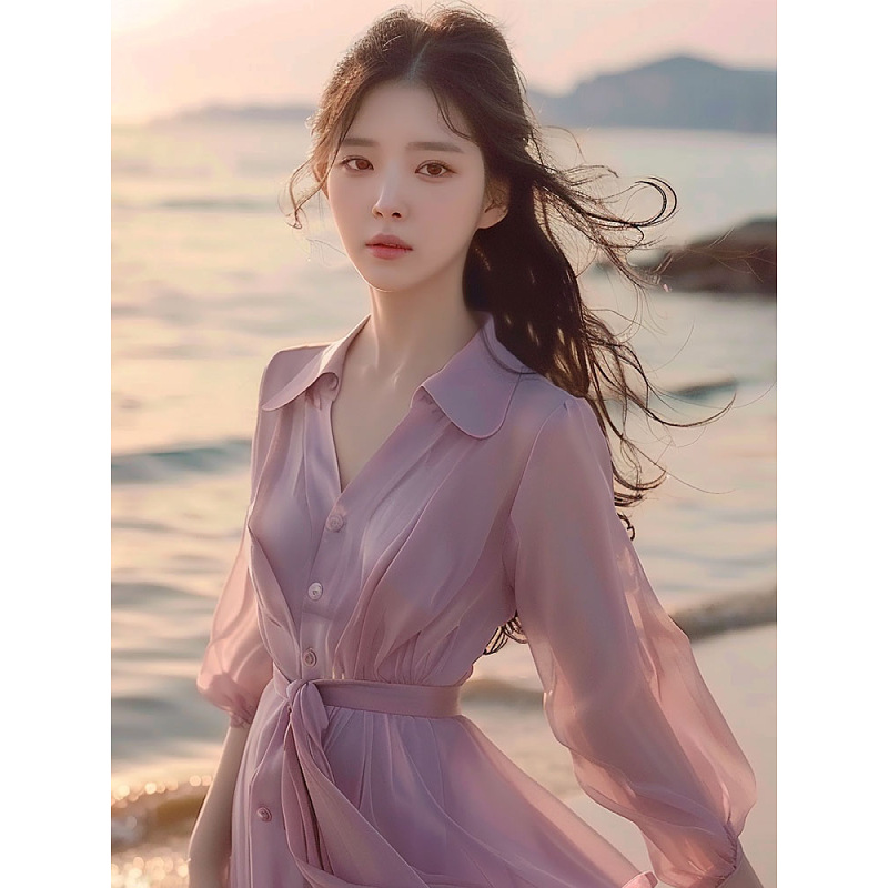 Purple shirt dress for women 2024 Summer new style seaside vacation style, gentle and beautiful chiffon dress by a socialite