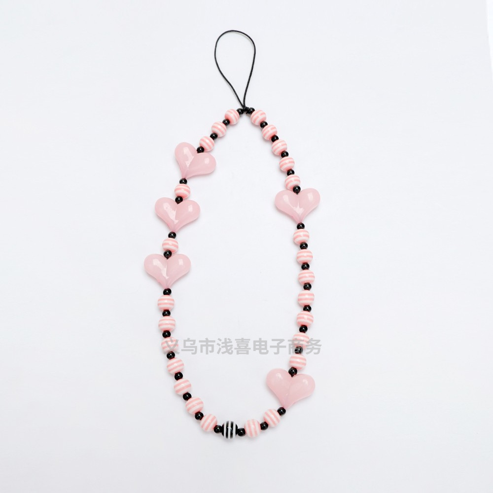 Park Chae-young's same style mobile phone chain, ins pink beaded pendant, heart-shaped heart pendant, lanyard, short wrist, Korean version for women Item Picture
