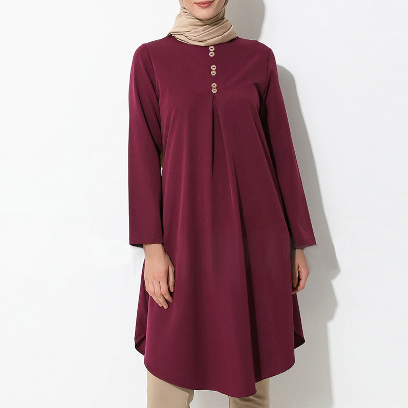 2022 Muslim New Women's Solid-Color Button Stitching Fashion Casual Long-Sleeved Dovetail Swing Dress In Stock Specification drawing