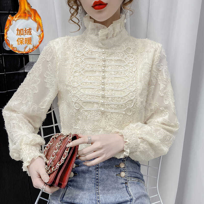 Autumn and winter 2021 new long-sleeved lace style chic top and shirt chiffon shirt for women's fashion