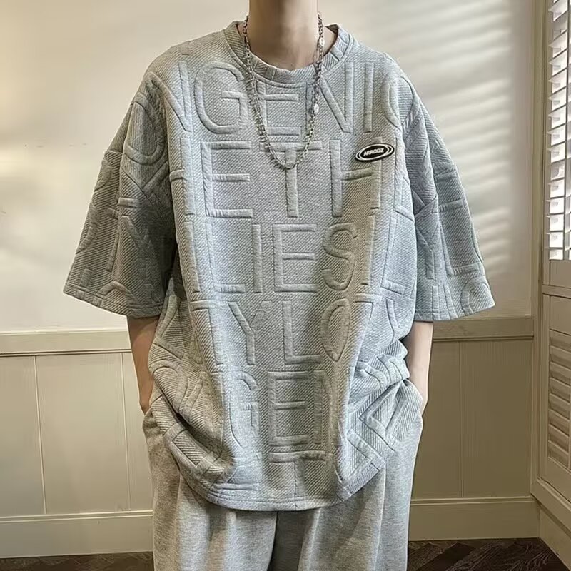 Summer jacquard short-sleeved T-shirt from the original manufacturer, a loose and heavy half-sleeved Hong Kong-style trendy couple's versatile T-shirt Specification image