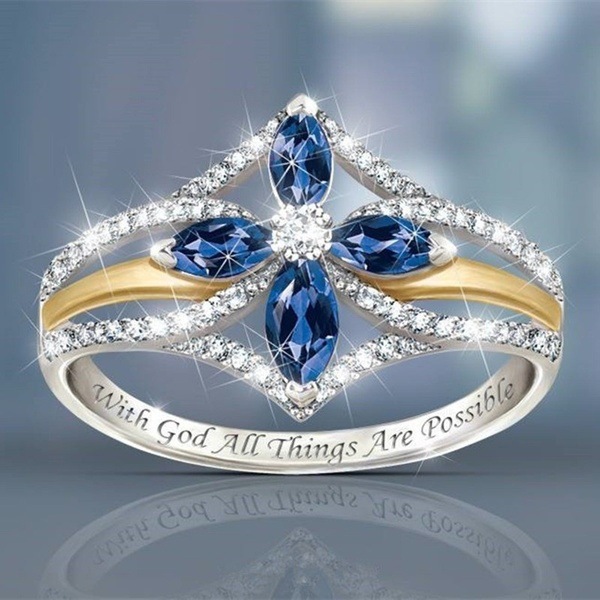Cross-Border Hot Selling Fashion Jewelry Two-Color Ring Women Europe And America Inlaid With Blue Crystal Horse Eye Cross Ring Decoration details Picture
