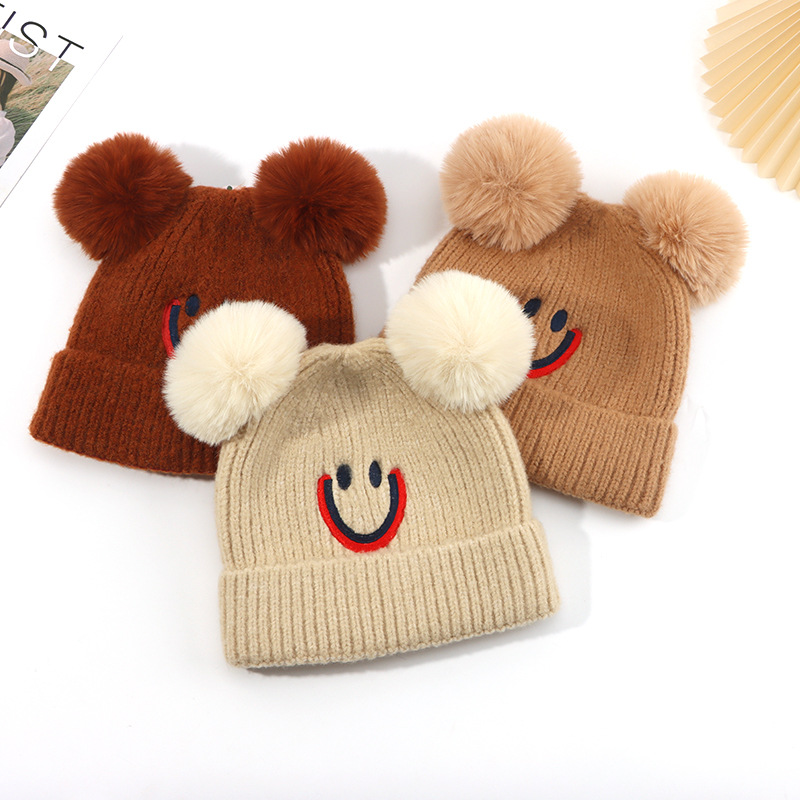 23 New Hats Bear Ears Knitted Hat Women's Autumn And Winter Fashion Hundred Thick Warm Hat Embroidered Smiley Face Woolen Hat Specification drawing