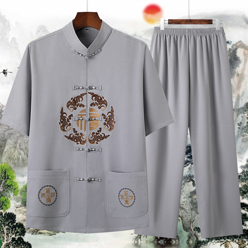 Chinese trend Hanfu for middle-aged and elderly people, dad's set, Chinese-style grandpa's cotton and linen thin Tang suit, men's spring and summer outerwear details Picture