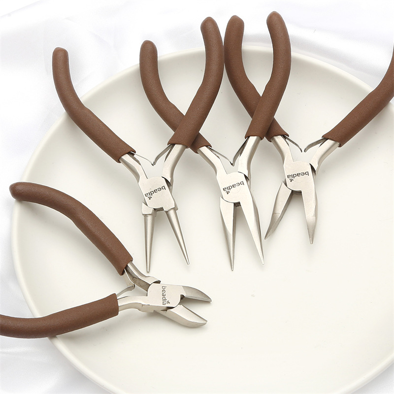 手工diy钳子咖色尖嘴钳珠宝钳 多功能圆嘴钳迷你首饰绕线串珠工具