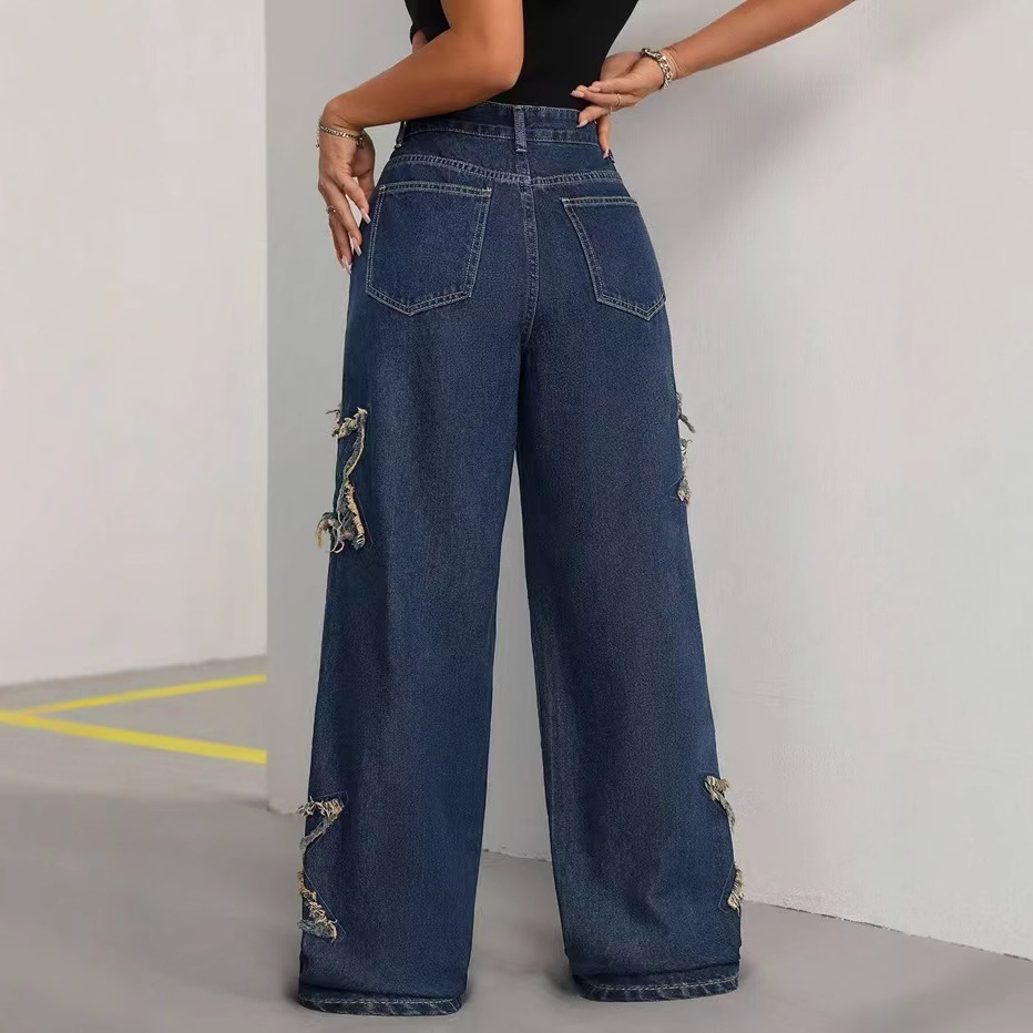 Cross-border European and American patchwork jeans, Amazon five-pointed star tassel fringed loose straight-leg casual and versatile floor-length pants Specification image