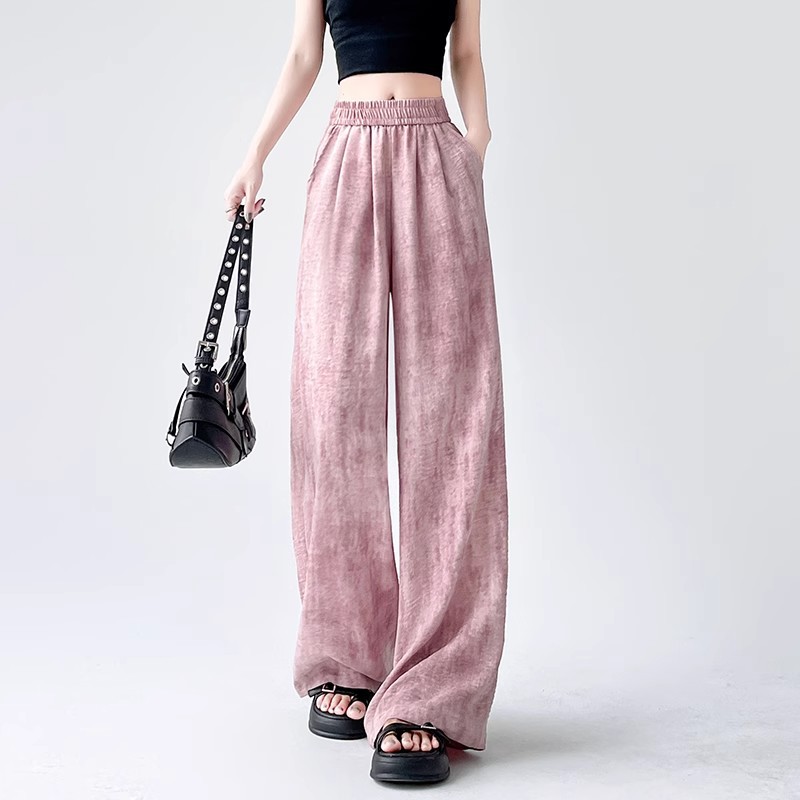 Tie-dyed ice silk cotton linen Chinese-style thin wide-leg pants for women, sun protection, summer drape, loose straight-leg high-waisted Chinese-style Yamamoto pants Specification image