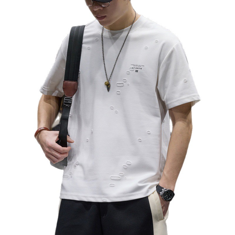 American design sense perforated short-sleeved T-shirt for men's summer 2025 new style loose half-sleeved top men's trendy T-shirt Item Picture