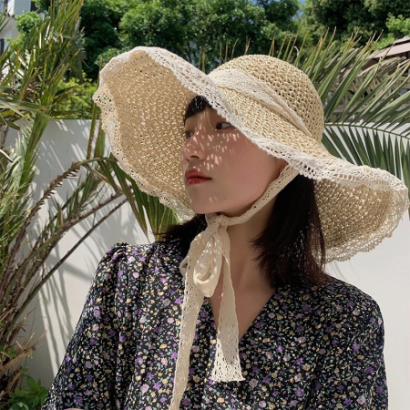 Summer travel wide-brimmed lace sun protection hat, elegant and stylish forest style for women, adult hat, Japanese and Korean vacation lace straw hat Summer travel wide-brimmed lace sun protection hat, elegant and stylish forest style for women, adult hat, Japanese and Korean vacation lace straw hat