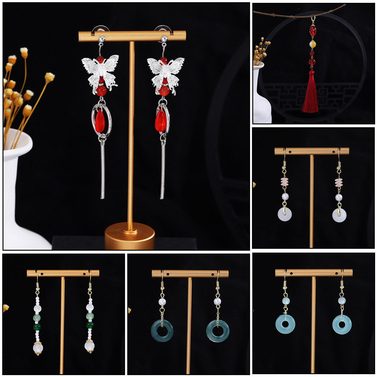 New Chinese-style butterfly, water drop, pearl, tassel, ear hook, women's trendy, light luxury, peace button, ancient costume cheongsam, versatile earrings details Picture