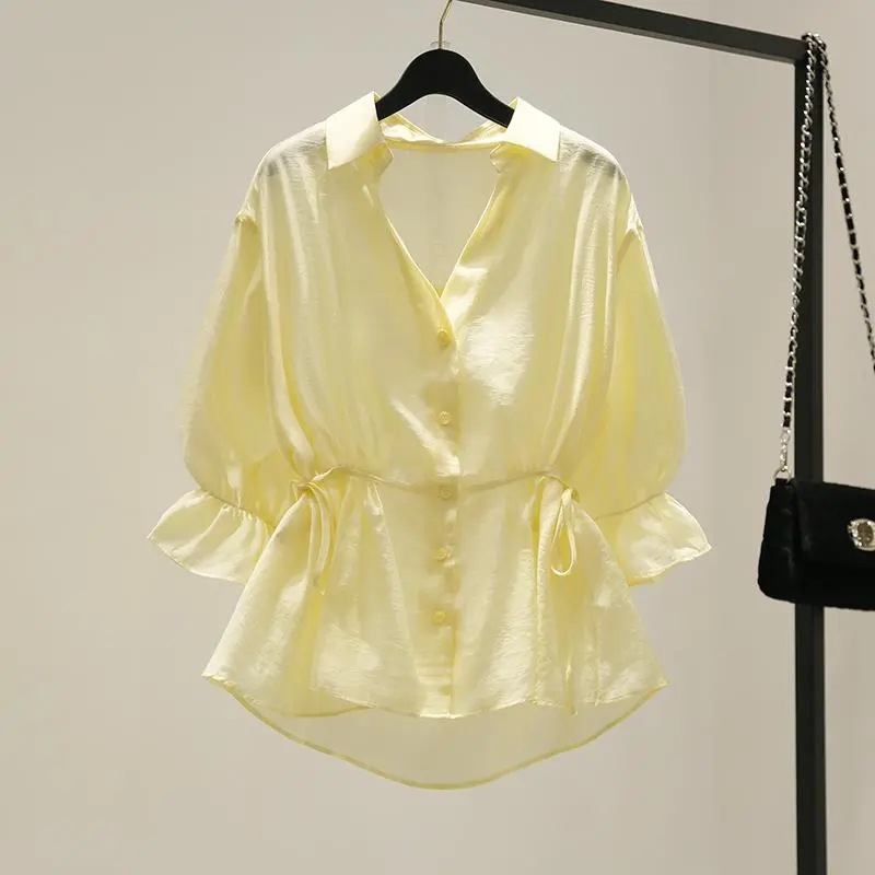 V-neck cinched waist skirt shirt for women's summer 2022 new Korean style, youthful chiffon loose ruffled top and baby shirt Application Scenario