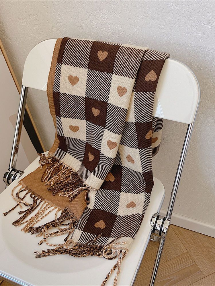 双面爱心格子围巾女学生秋冬季桃心围巾冬季百搭围脖韩系保暖宽松