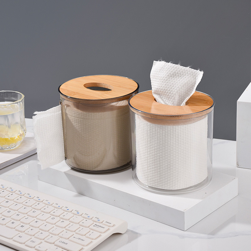 Creative circular plastic storage tissue box, household tissue box, bamboo and wood lid, hotel wall-mounted bathroom tissue rack Specification image