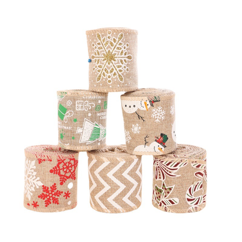 Fábrica en stock crossover conjunto completo mezclado venta caliente 6cm*3m navidad decoración rollo de lino cinta de cáñamo impresa cinta de forja decorativa Item Picture