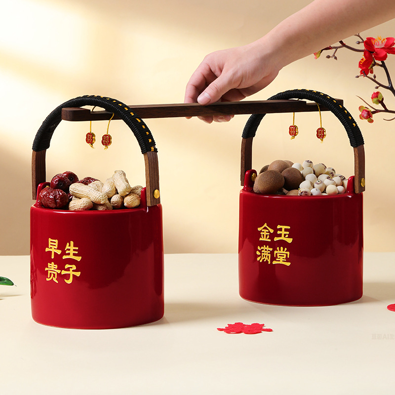 A pair of wedding buckets for children and grandchildren, a comprehensive list of items for the bride's dowry, red wedding buckets and treasure buckets for the bride's family's wedding, decorative ornaments details Picture