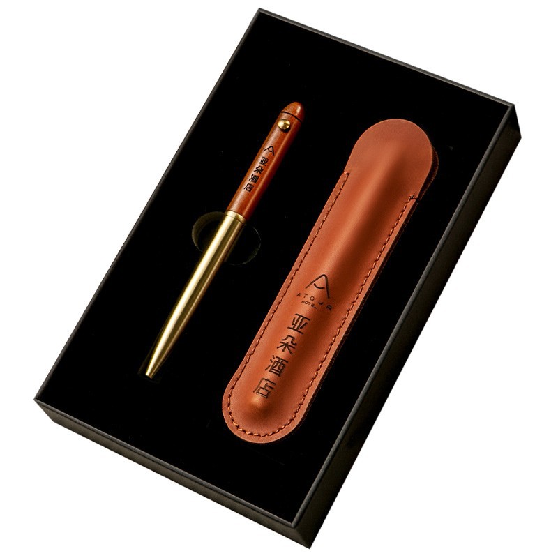 Lettering Logo Copper Wood Metal Black Ballpoint Pen With Leather Pen Case Business High-Grade Signature Pen Enterprise Gift Item Picture