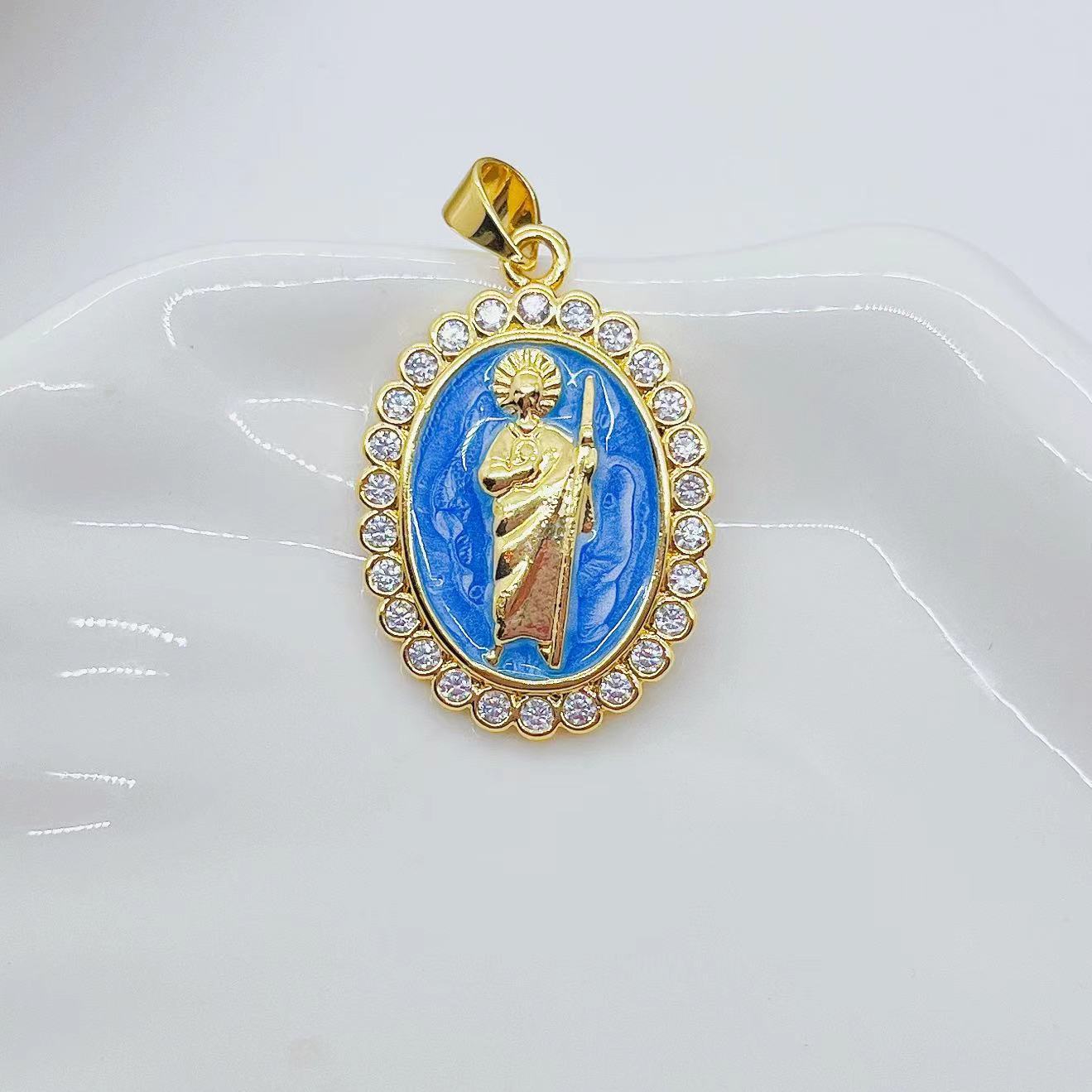 New cross-border blue, green and pink oil-dripping oval Virgin Mary necklace pendant for women, European and American jewelry accessories details Picture