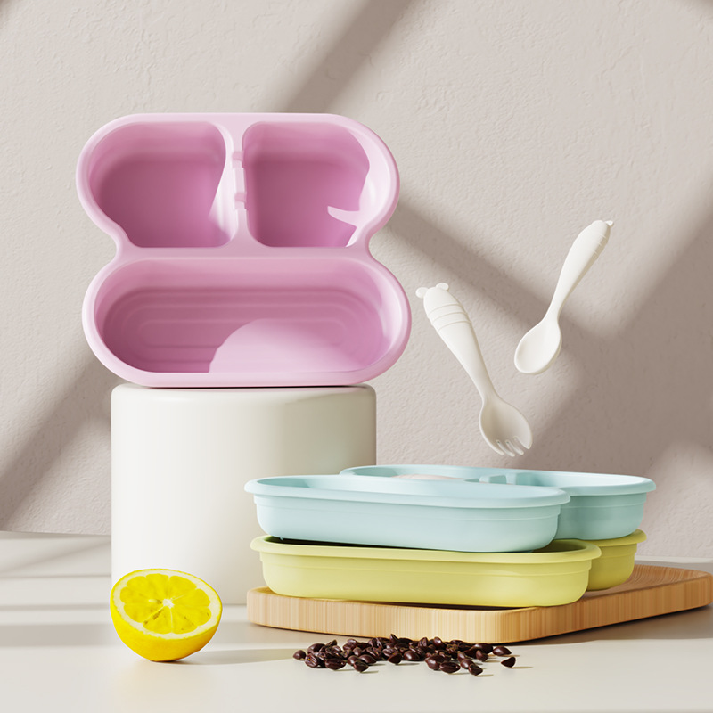 Wholesale of food-grade plastic, household, convenient and durable three-compartment baby food tableware with forks and spoons