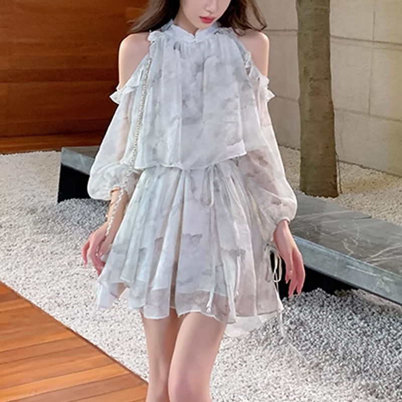 早秋夏季新中式仙气露肩印花雪纺挂脖连衣裙国风收腰显瘦短裙子