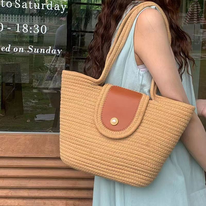 春夏编织女包草编包编织包手提包手拎磁扣棉绳手提包沙滩包竹编包