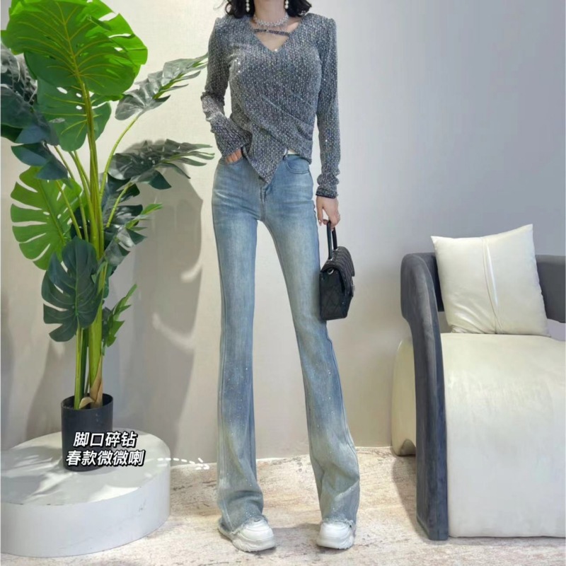 迪否复古高腰微喇牛仔裤女夏季薄款2024新款烫钻修身显瘦喇叭裤子