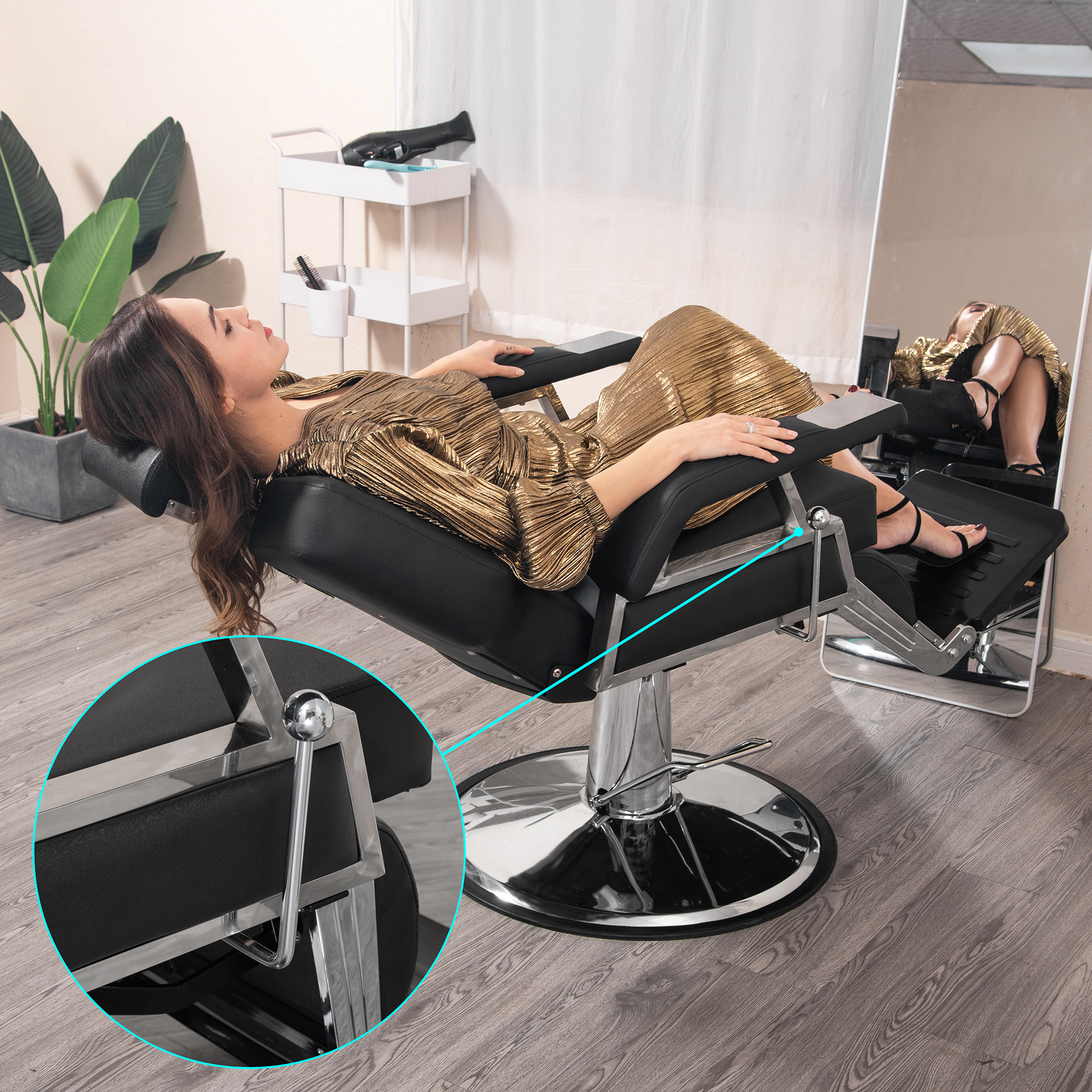 Hongzi hairdressing chair can be reclined and lifted. It is a special haircutting and dressing chair for hair salons and a fashionable men's oil-cut chair Application Scenario