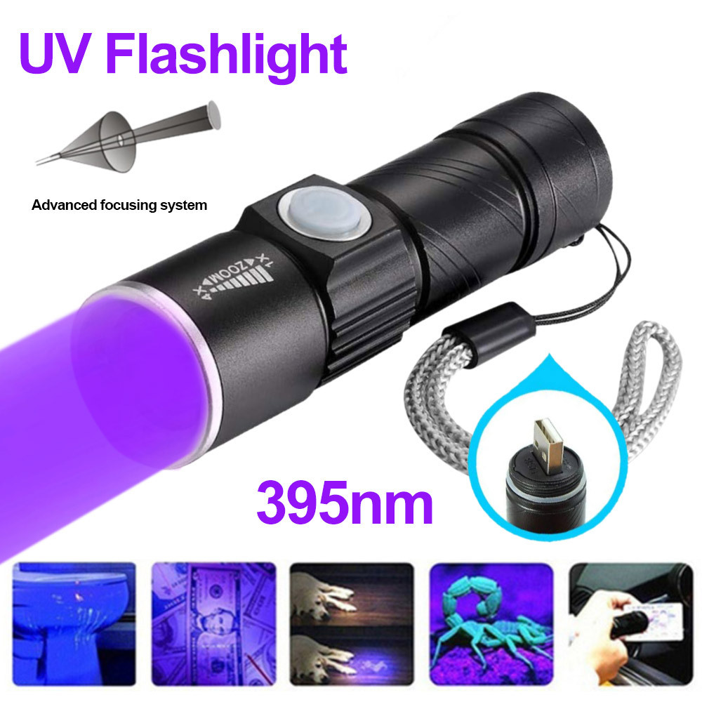 395nm violet flashlight USB charging LED banknote inspection UV glue curing fluorescent agent detection UV lamp