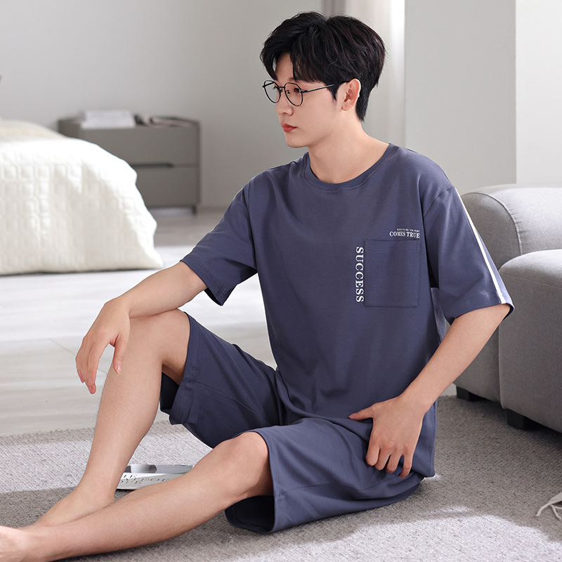 【100% Pure Cotton 】 Casual young men's pajamas summer short sleeves and shorts All-cotton plus-size home wear set Specification image