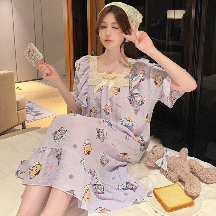 Cross-border pajama women summer new Korean version of princess wind bubble cotton short-sleeved sleeping dress loose plus fat code home wear details Picture