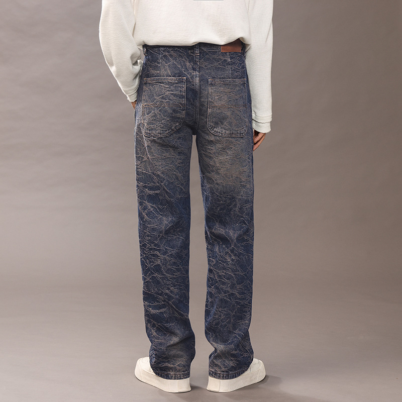 Trendy wavy straight-leg jeans for men, high street washed slightly loose long pants for men 2025 details Picture
