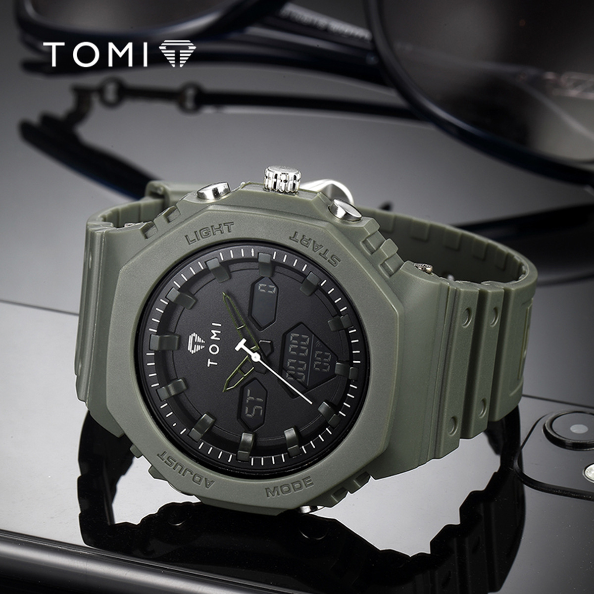 The new TOMI Temi Fashion Creative sports electronic watch, luminous calendar, waterproof chronograph, student men's wristwatch Application Scenario