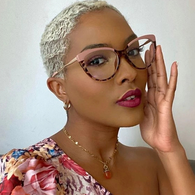 Cross-border TR90 European and American cat's eye anti-blue light flat light glasses, personalized metal frame optical glasses, spring leg glasses frame details Picture