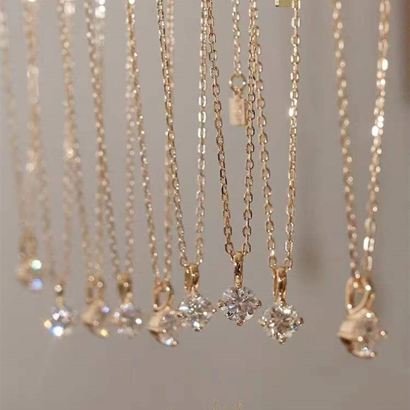 直播热卖S925纯银单钻项链镀14k金爆款轻奢小众新款超闪锁骨链