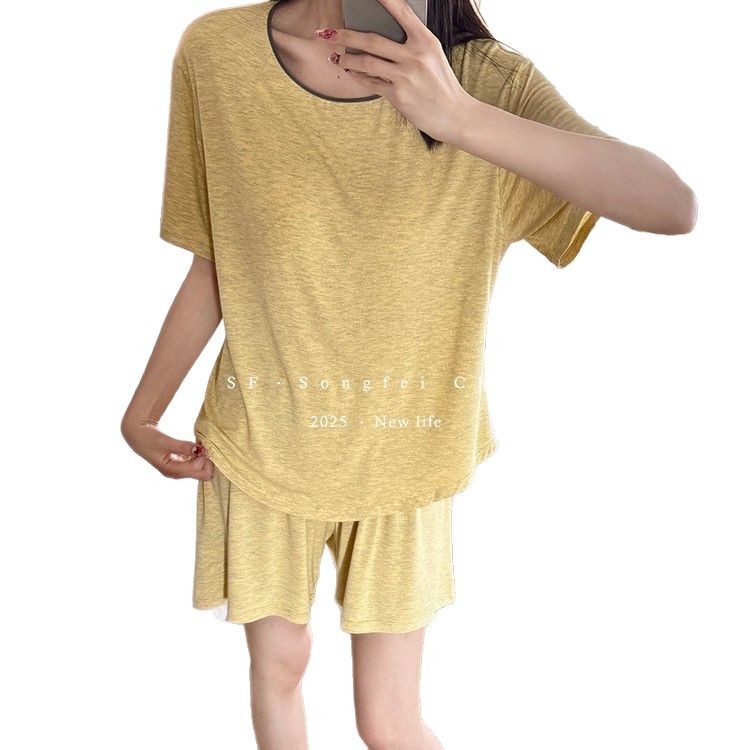 Summer pajama set with chest pad, short sleeves and shorts, pullover, two-piece home wear, thin and skin-friendly, can be worn outside with a pullover Item Picture