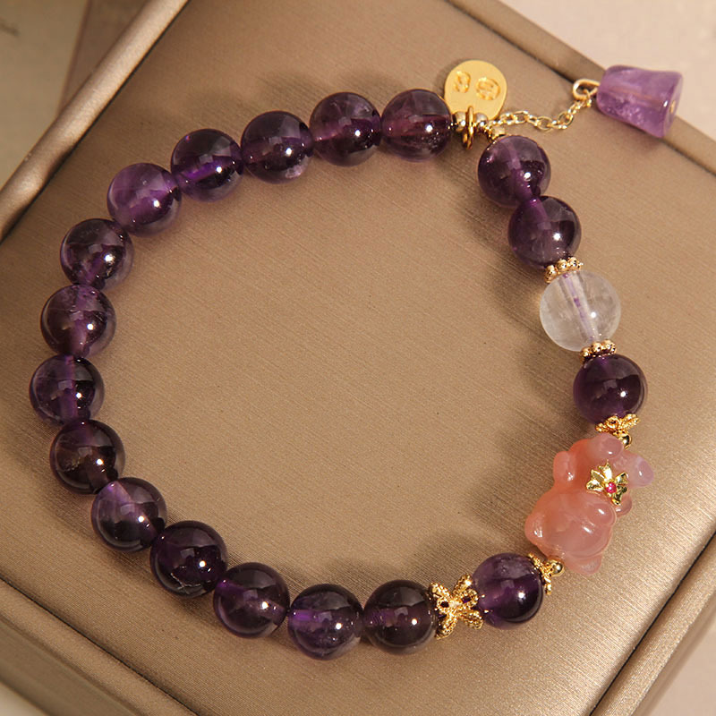 Brazalete natural amatista para mujeres de lujo ligero nichos exquisitos de sal fuente de ágata oso pequeño pinchazo de mano para novia novias mejor regalo - 4